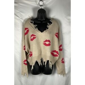 Just Polly Women's Large Beige  Pink Lips  Oversized Sweater Distressed  Hem